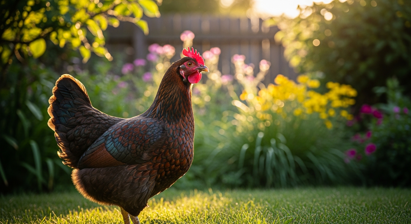 Free-range hen in a garden